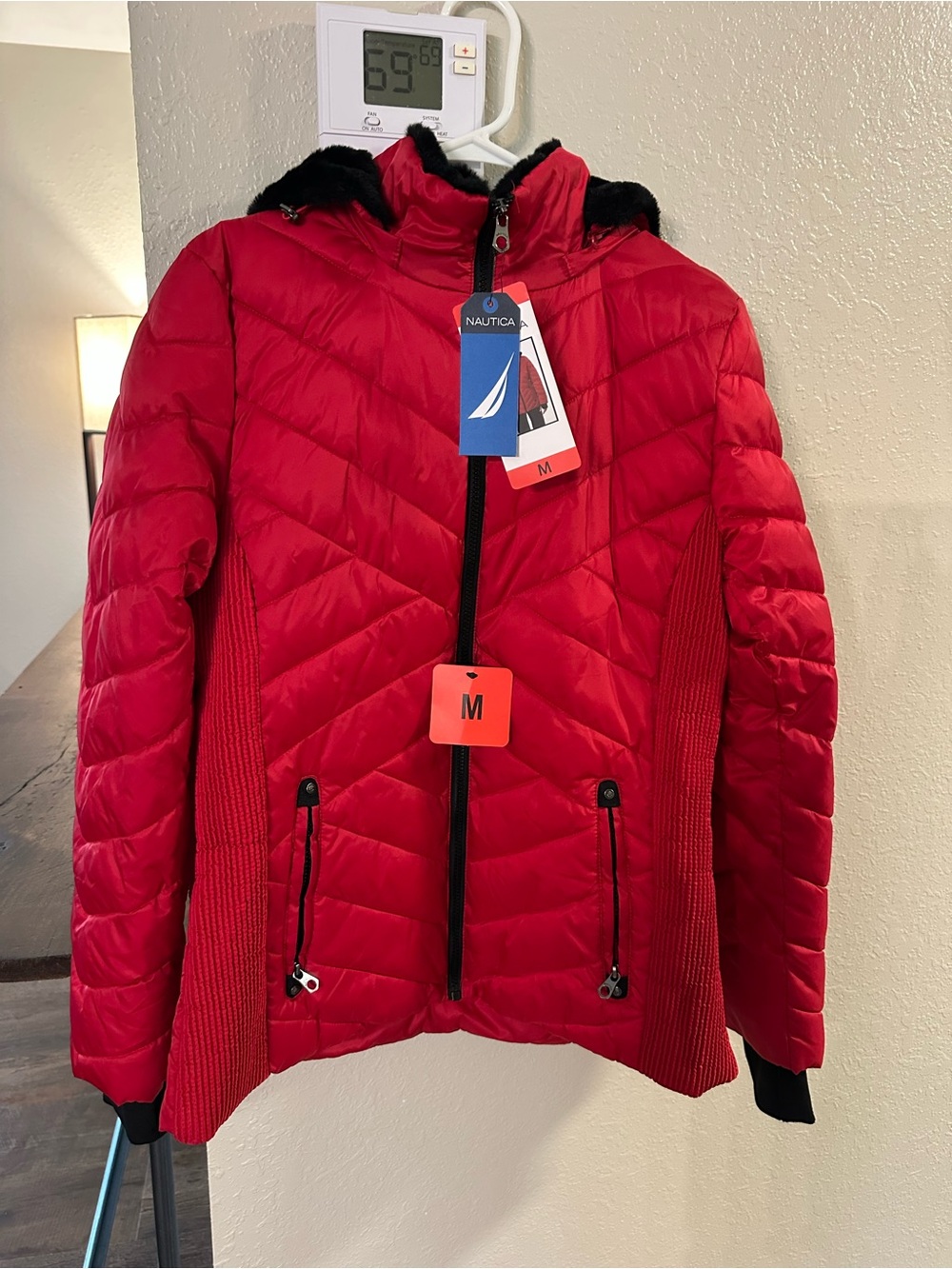Nautica Red Quilted Hooded Jacket